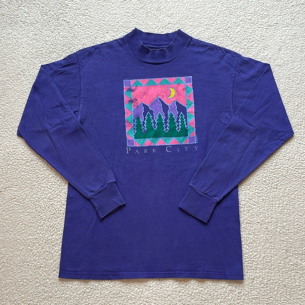 Vintage 90s Park City Utah Graphic Mock Neck Nature Long Sleeve Tee Shirt